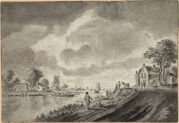 River view with sailing barges in the background by Dirk Verrijk