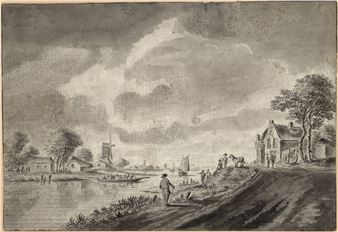 River view with sailing barges in the background