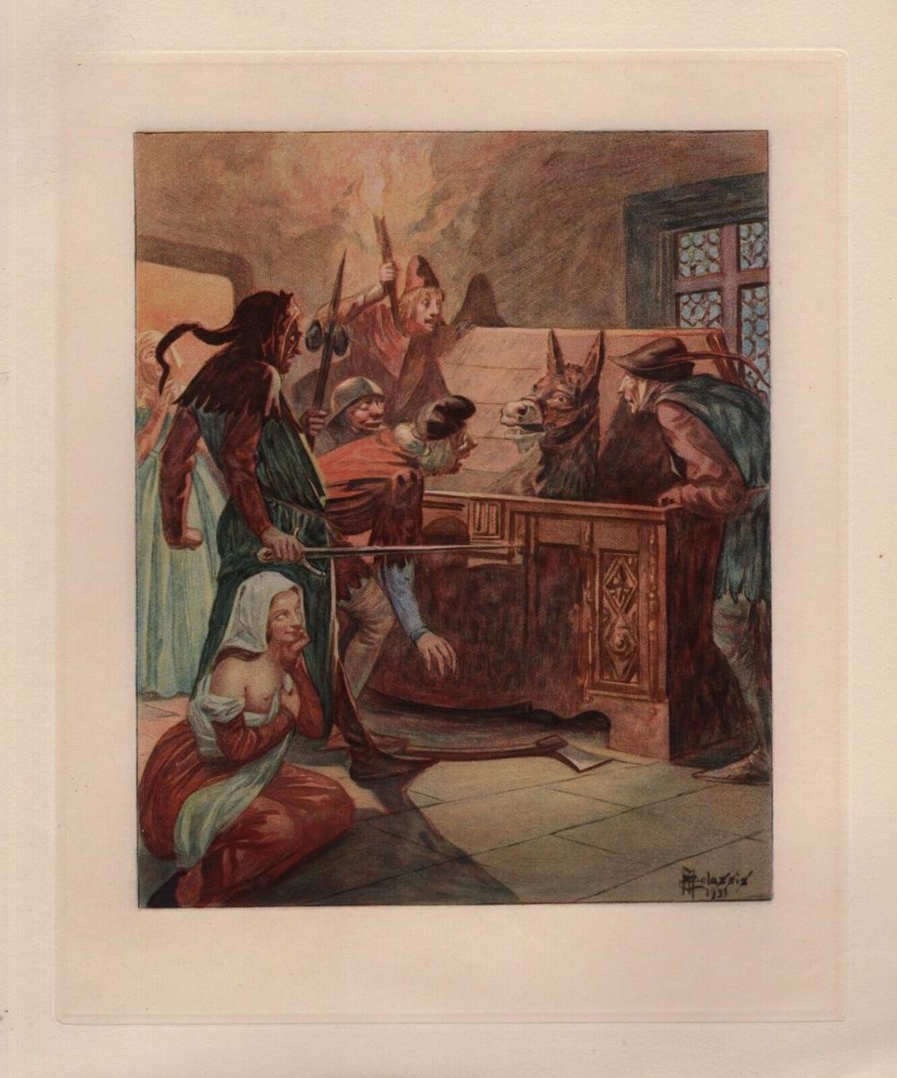 Artwork by Edmond Malassis, The Donkey Show, Made of Vintage Color Engraving On Velin Paper