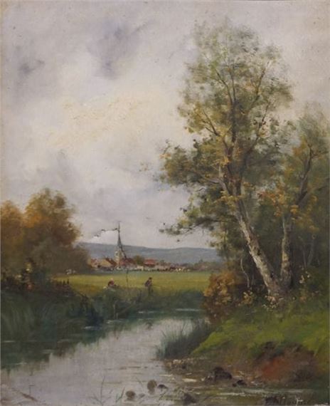 Landscape with river and fisherman by Edouard Duparc