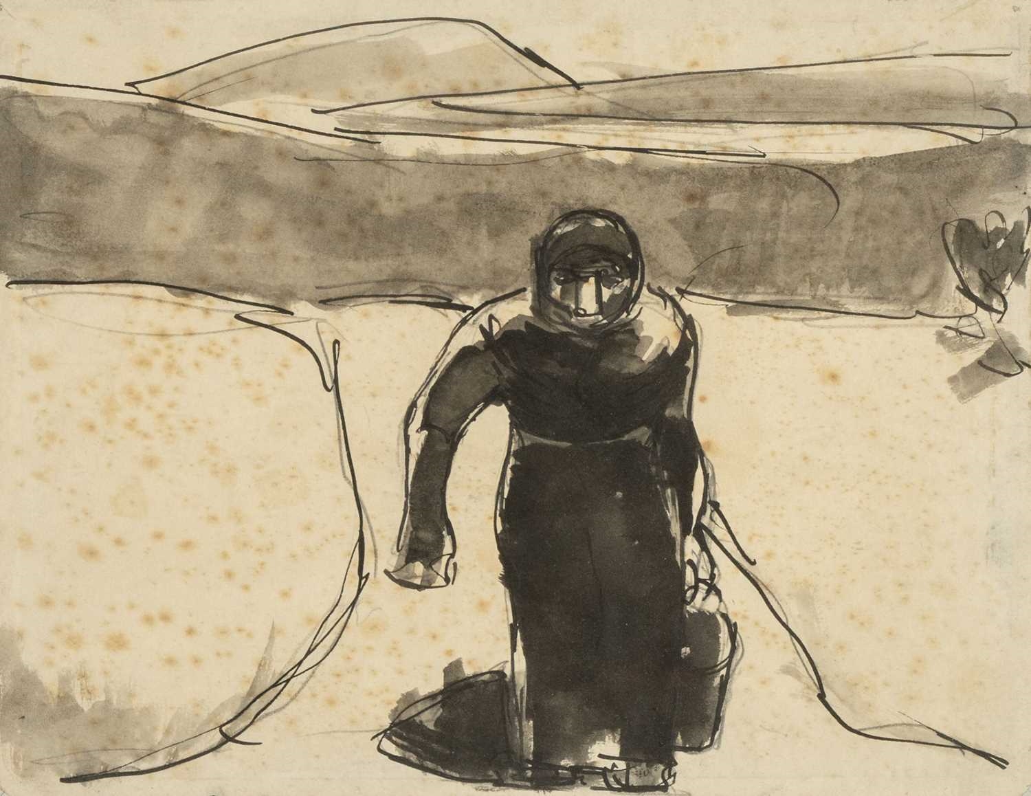 Artwork by Josef Herman, figure walking along a path carrying a bucket, Made of Ink And Wash On Paper
