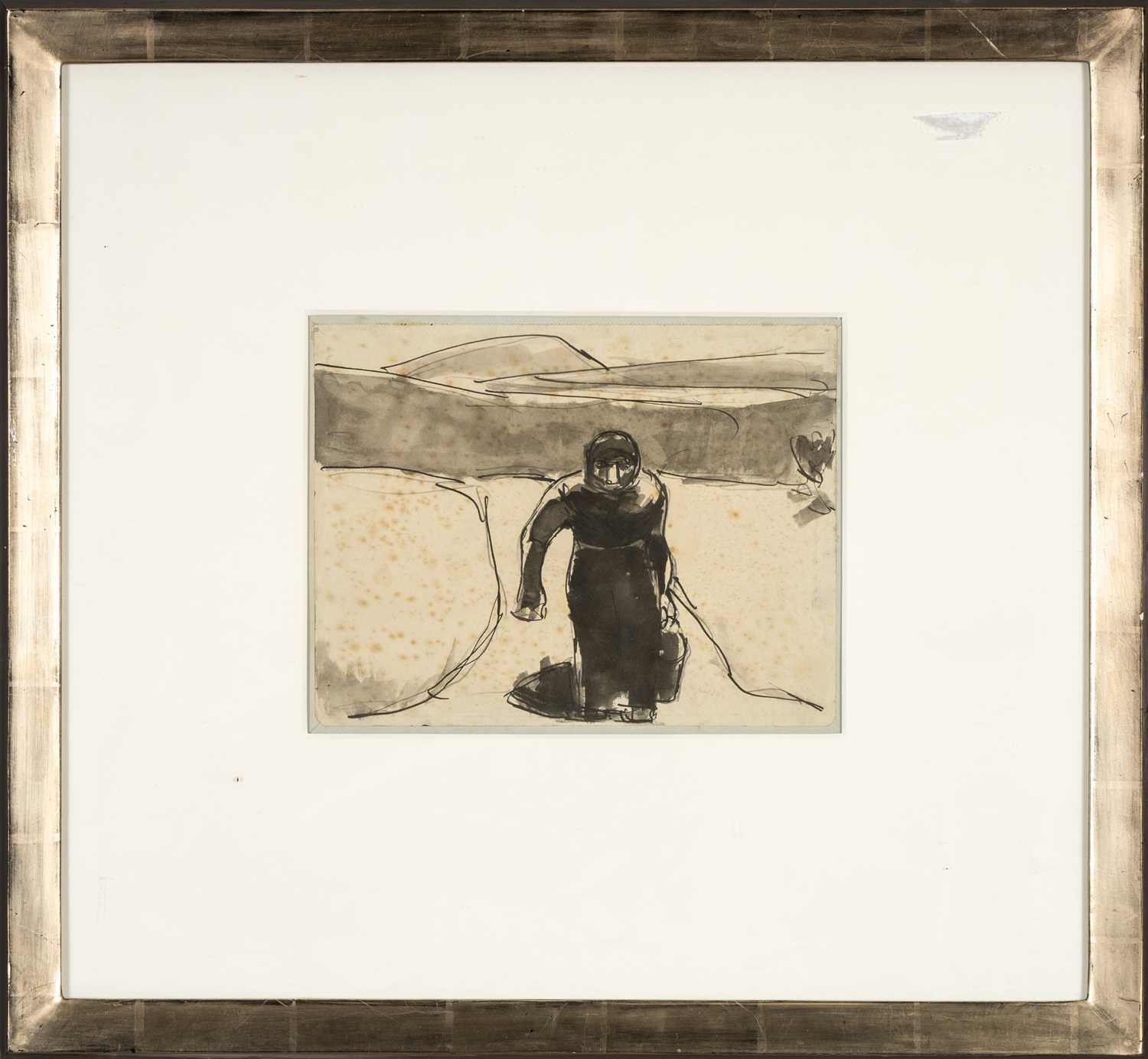 Artwork by Josef Herman, figure walking along a path carrying a bucket, Made of Ink And Wash On Paper