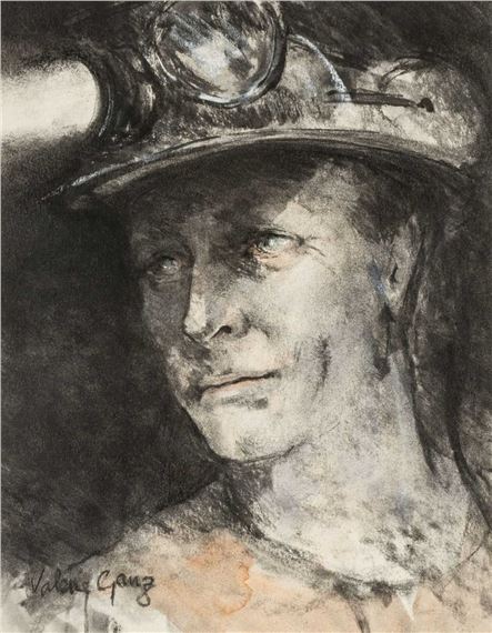 A somber charcoal portrait of a miner wearing a helmet with a headlamp.