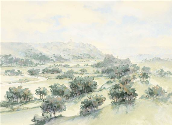 A watercolor landscape of a sun-drenched valley with scattered trees and distant hills.