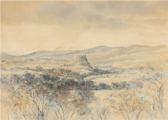 A watercolor landscape of a hilltop castle surrounded by rolling hills and bare trees.