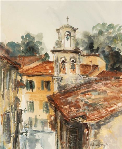 A watercolor view of a European town square featuring a church tower and terracotta rooftops.