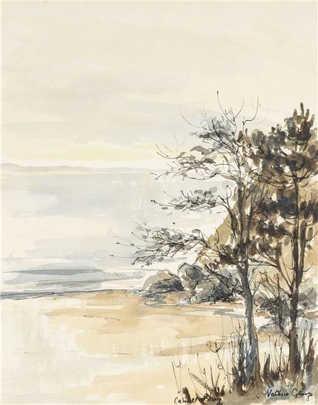 A serene watercolor landscape of a windswept beach with bare trees and distant hills.