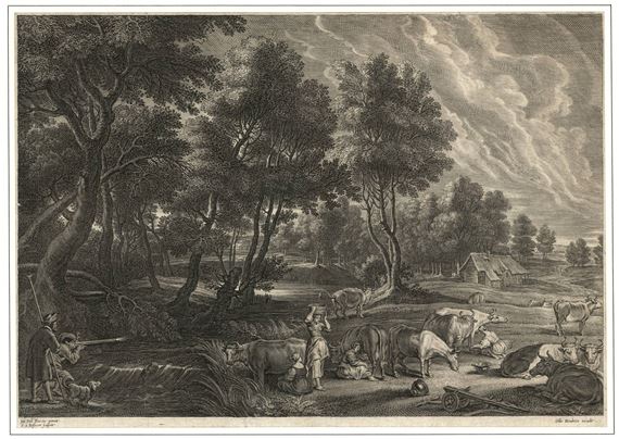 Landscape with maids milking cows and a hunting scene on the left by Schelte Adamsz. Bolswert, ±1586-1659