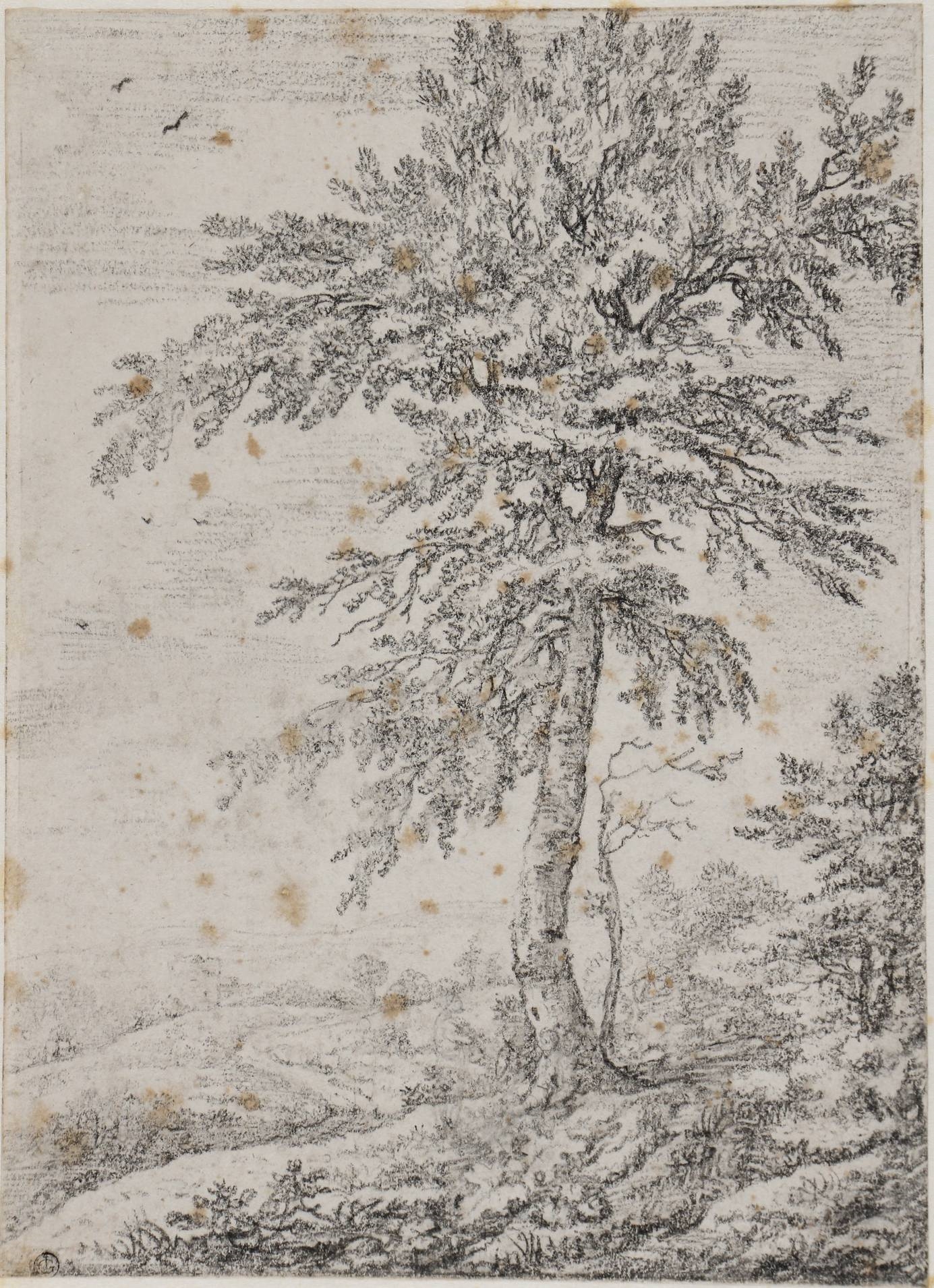 Artwork by Meindert Hobbema, Tree in a hillside landscape, with a stone tower in the background, vaguely people resting below the tree, Made of Black Chalk