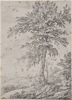 Tree in a hillside landscape, with a stone tower in the background, vaguely people resting below the tree