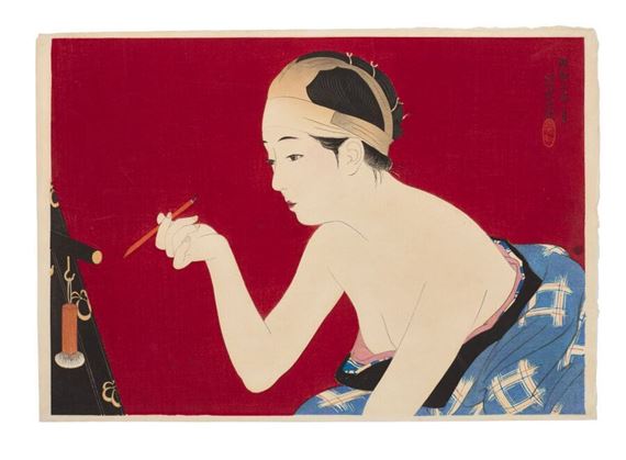 A profile portrait of a figure in traditional attire holding a brush against a bold red background.