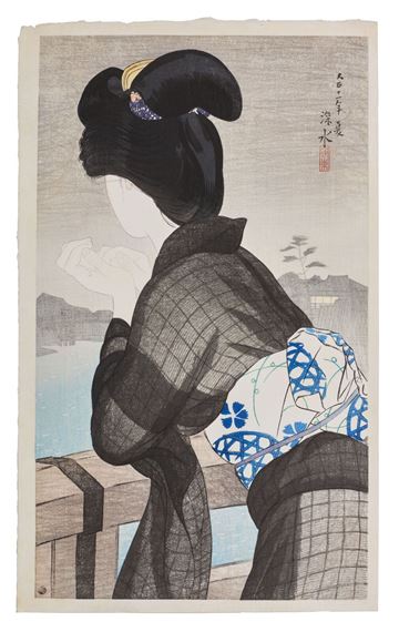 A traditional woodblock print of a figure in dark robes with a blue patterned sash, viewed from behind against a muted landscape.