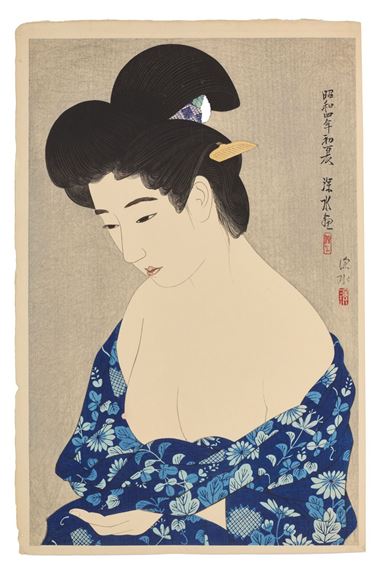 A classical woodblock print of a figure in traditional blue floral robes against a neutral background.