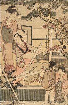 Woman weaving while conversing with a companion - Kitagawa Utamaro