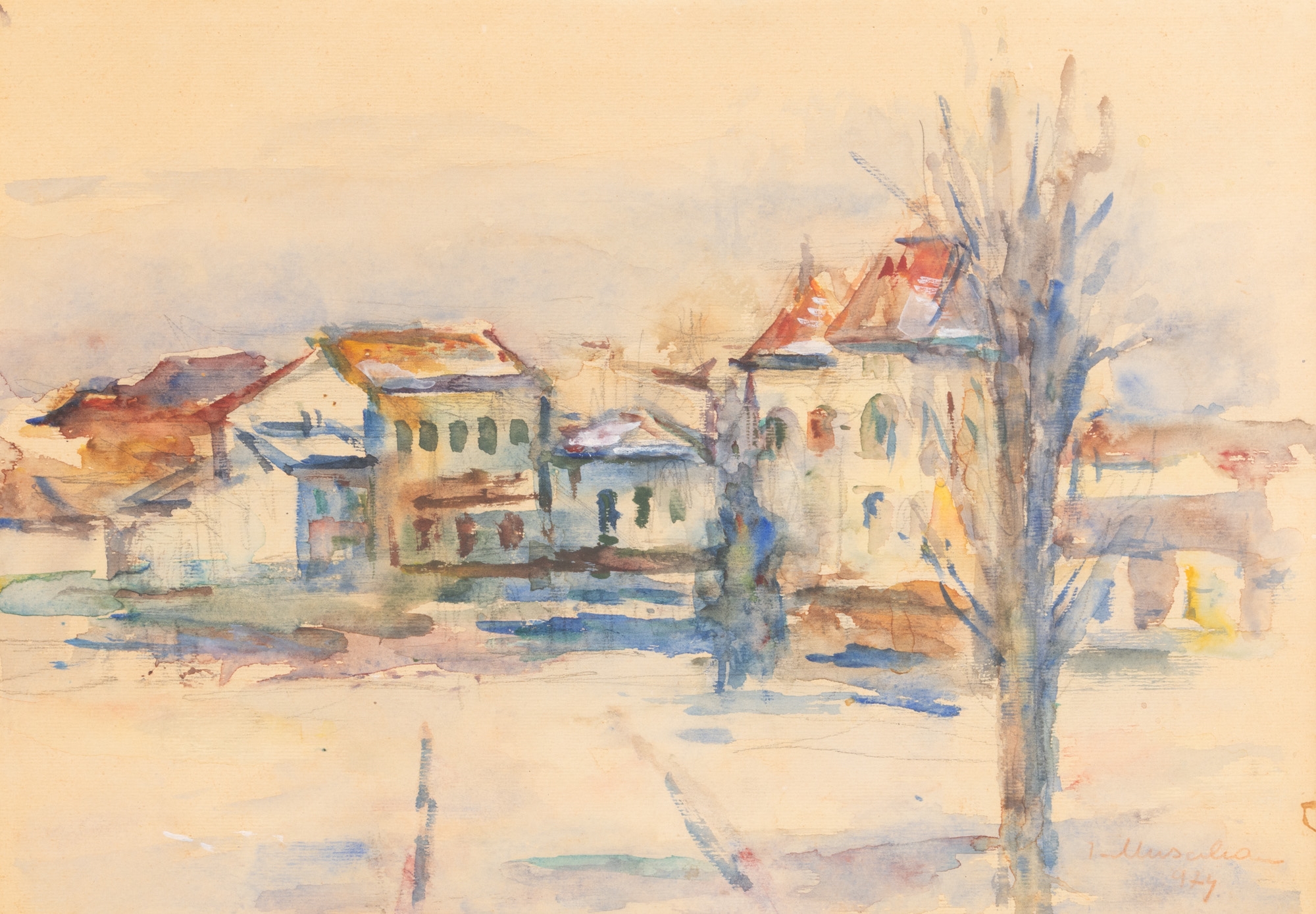 Artwork by Ion Musceleanu, Peisaj din Târgoviște [1974, Made of acuarelă și creion pe hârtie