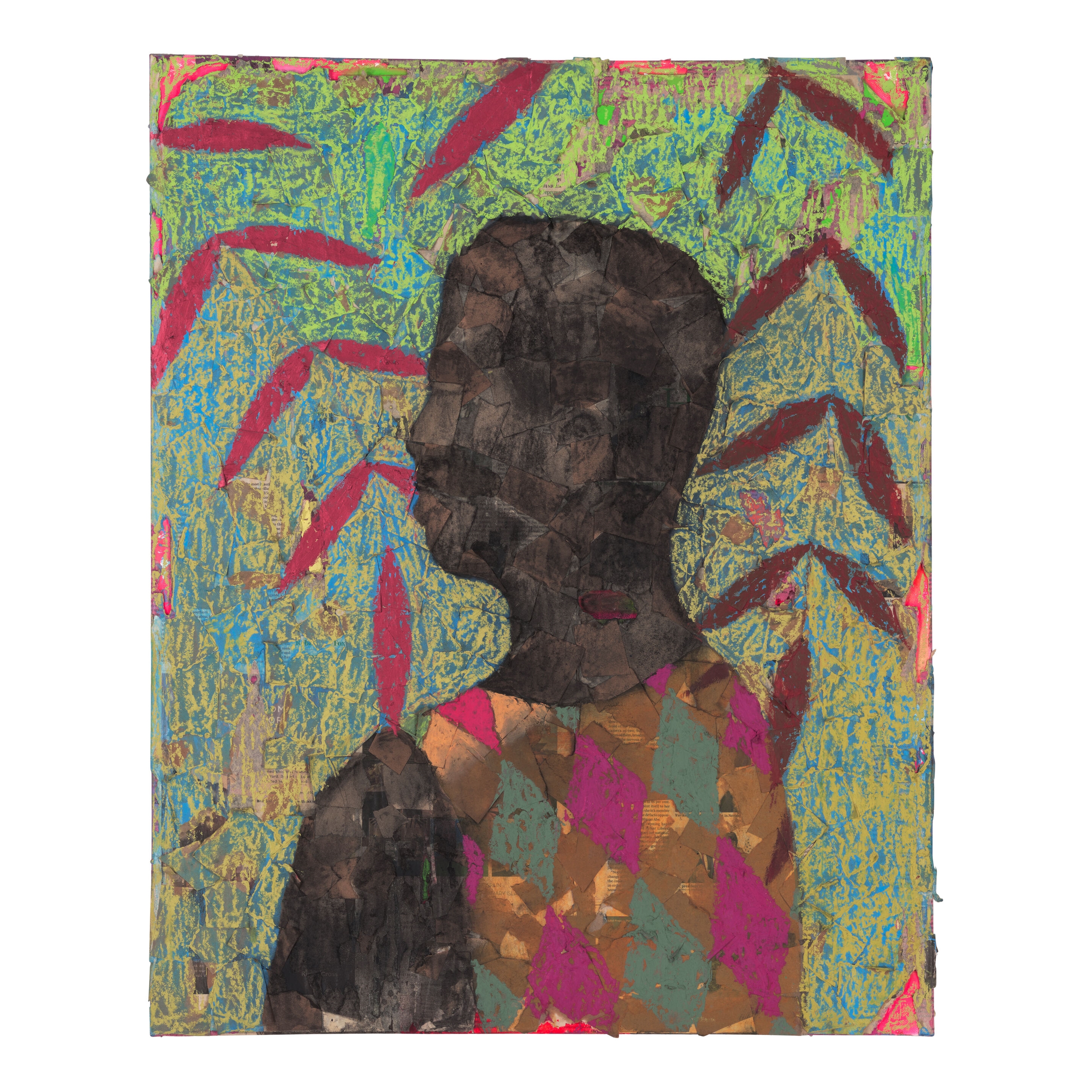 Artwork by Derek Fordjour, Couplet 20, Made of oil pastel, charcoal, acrylic, cardboard and newspaper collage mounted