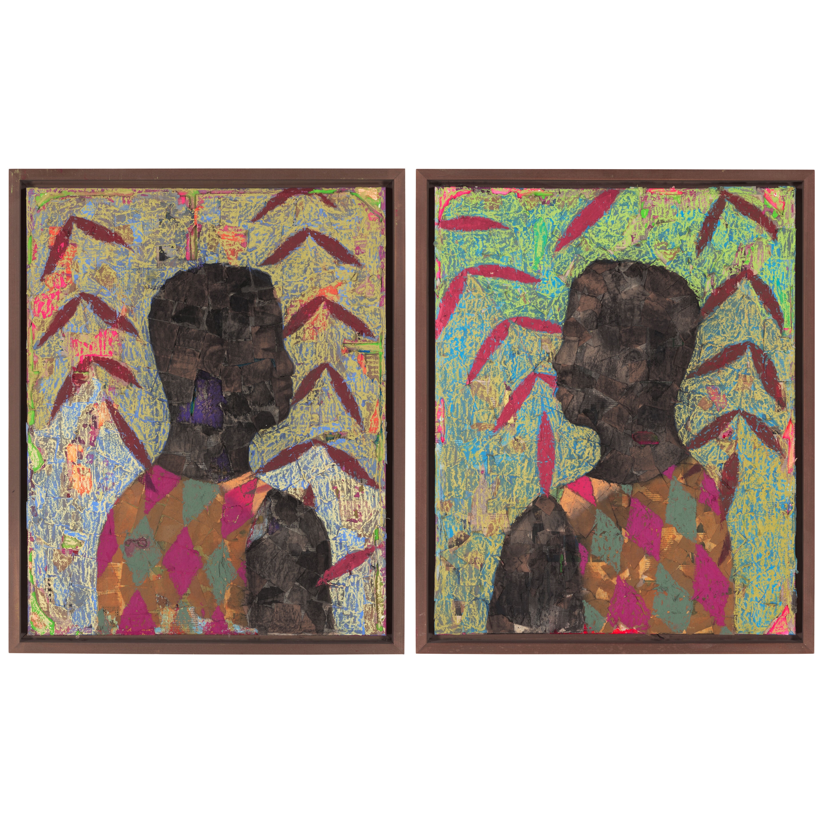 Artwork by Derek Fordjour, Couplet 20, Made of oil pastel, charcoal, acrylic, cardboard and newspaper collage mounted