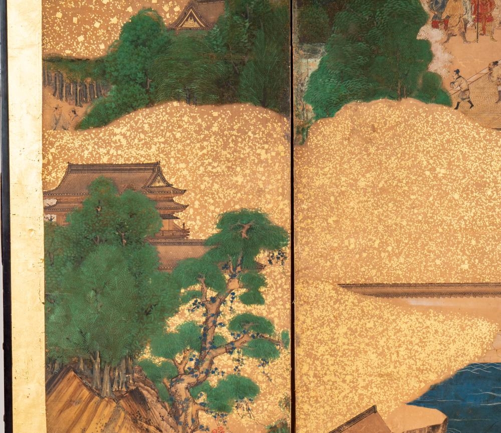 Artwork by Japanese School, Two Japanese Edo Period Three-Panel Screens, Made of Layered Gold Leaf, Ink, And Mineral Pigments