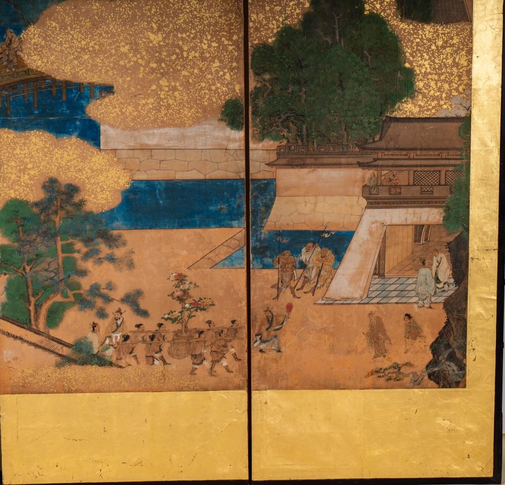 Artwork by Japanese School, Two Japanese Edo Period Three-Panel Screens, Made of Layered Gold Leaf, Ink, And Mineral Pigments
