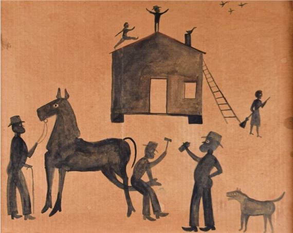 Watercolor on found cardboard, scene with man shoeing a horse