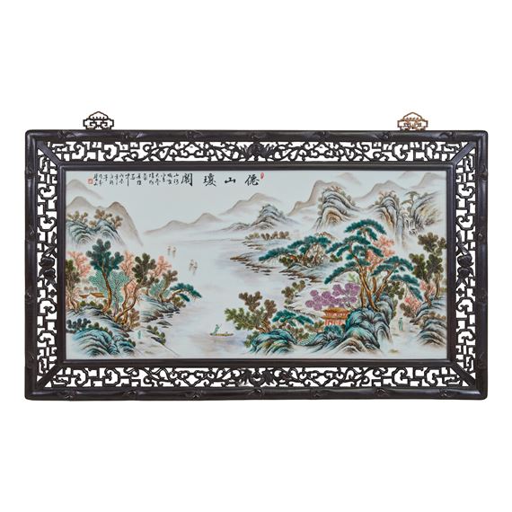 Large Chinese Framed Famille Verte Porcelain Panel of 'Landscape by Chinese School