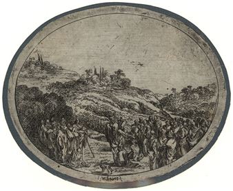 A black and white drawing of a group of people in a landscape.