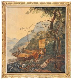 Italianate landscape with a lake and people, cattle and sailing vessels