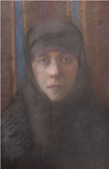 A portrait of a person in a dark hooded garment against a striped background.
