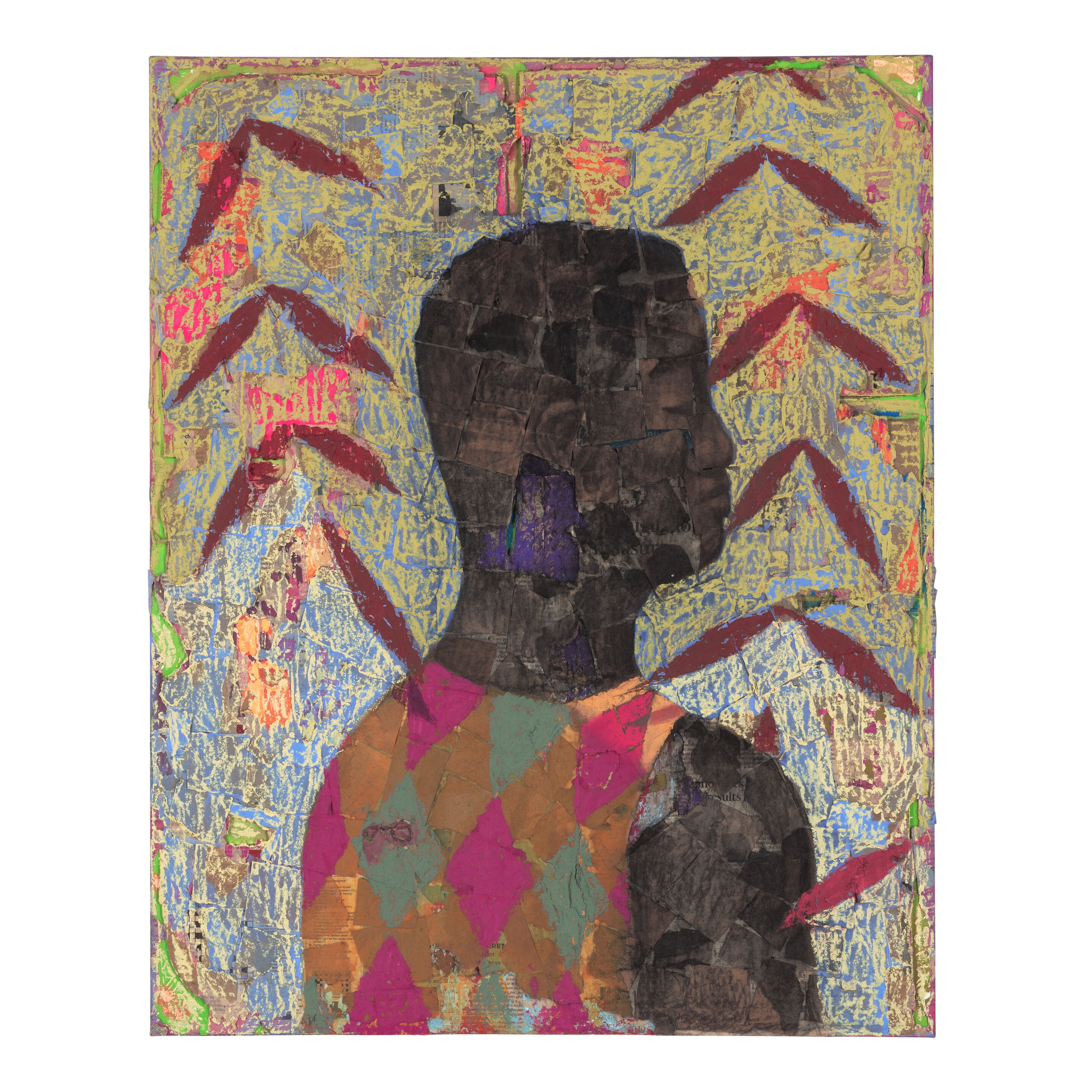 Artwork by Derek Fordjour, Couplet 20, Made of oil pastel, charcoal, acrylic, cardboard and newspaper collage mounted