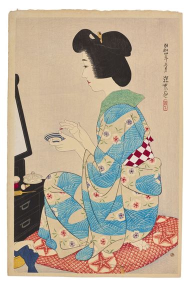 A side-profile view of a figure in traditional robes holding a bowl, rendered in a woodblock print style.