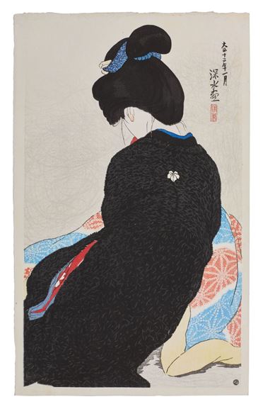 A traditional Japanese woodblock print depicting a figure in profile wearing a dark kimono.