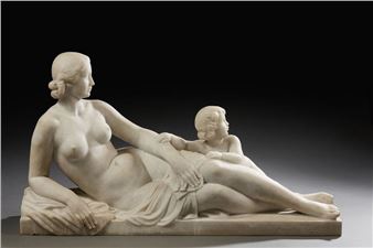 Sculpted marble group depicting a reclining woman and her child