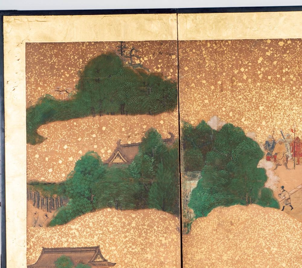 Artwork by Japanese School, Two Japanese Edo Period Three-Panel Screens, Made of Layered Gold Leaf, Ink, And Mineral Pigments