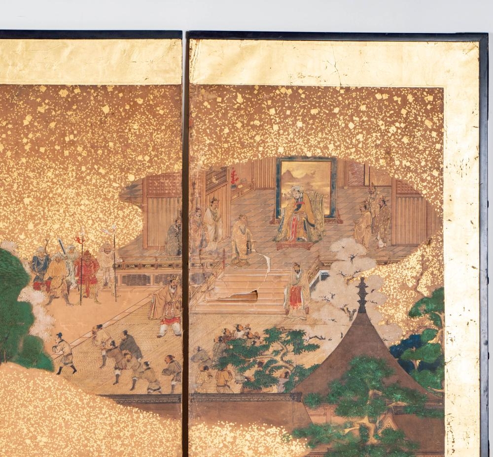 Artwork by Japanese School, Two Japanese Edo Period Three-Panel Screens, Made of Layered Gold Leaf, Ink, And Mineral Pigments