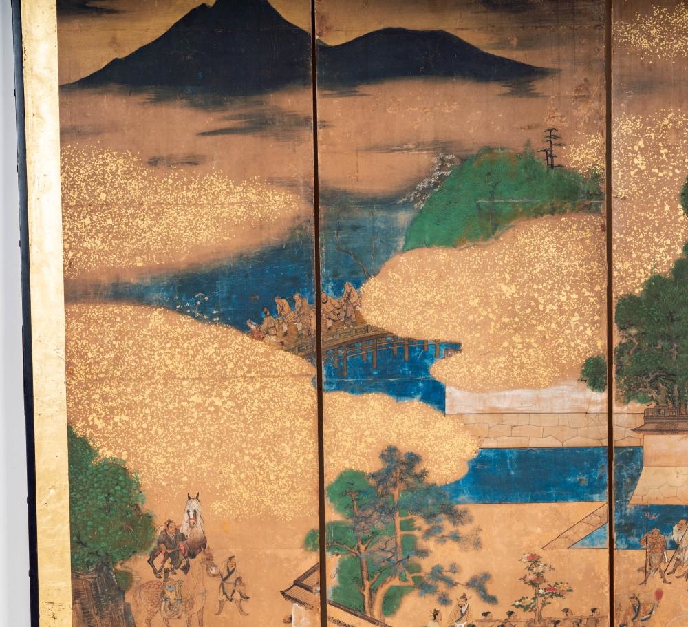 Artwork by Japanese School, Two Japanese Edo Period Three-Panel Screens, Made of Layered Gold Leaf, Ink, And Mineral Pigments