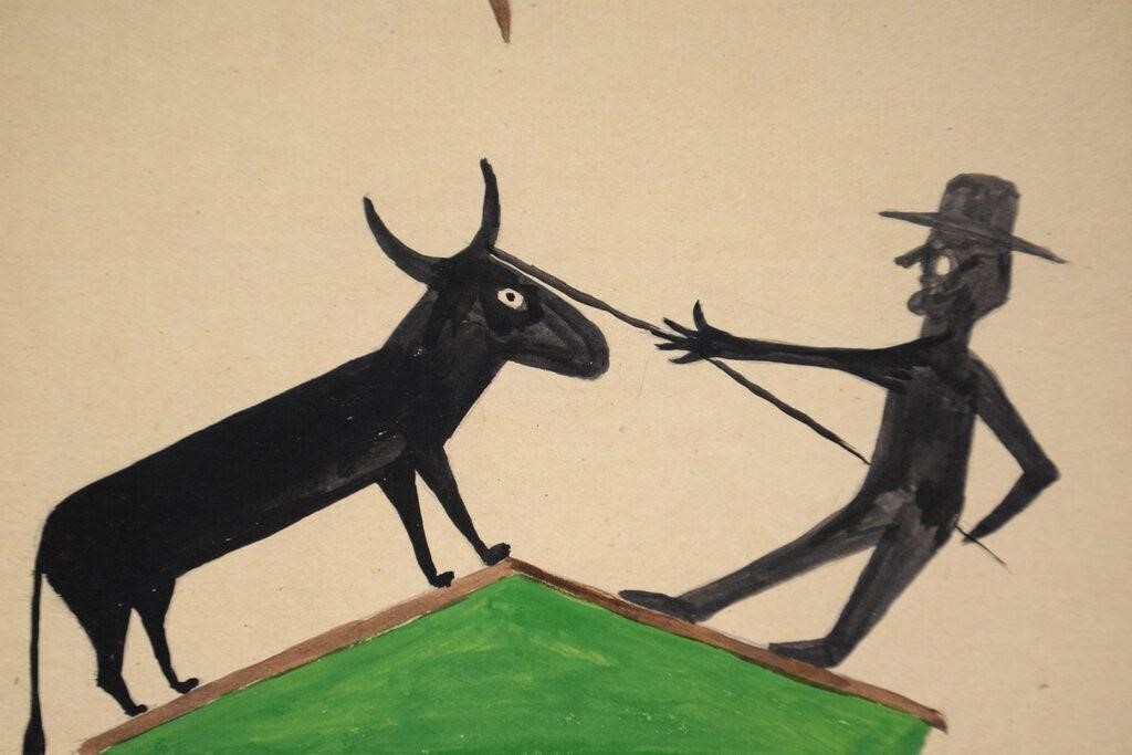 Artwork by Bill Traylor, man with donkey and airplane, Made of Tempera And Pencil On Found Cardboard