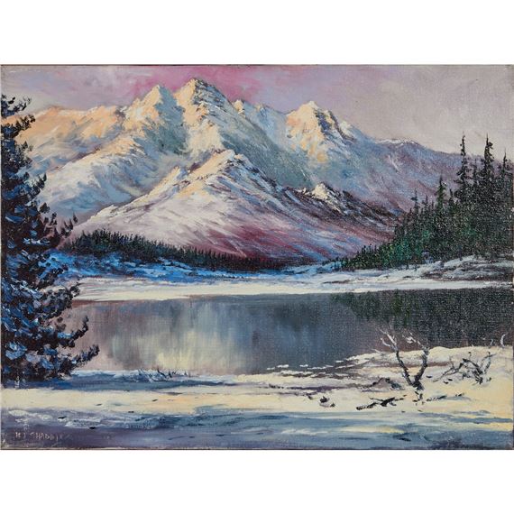 A serene winter landscape painting featuring snow-capped mountains, a calm lake, and evergreen trees under a soft pink sky.