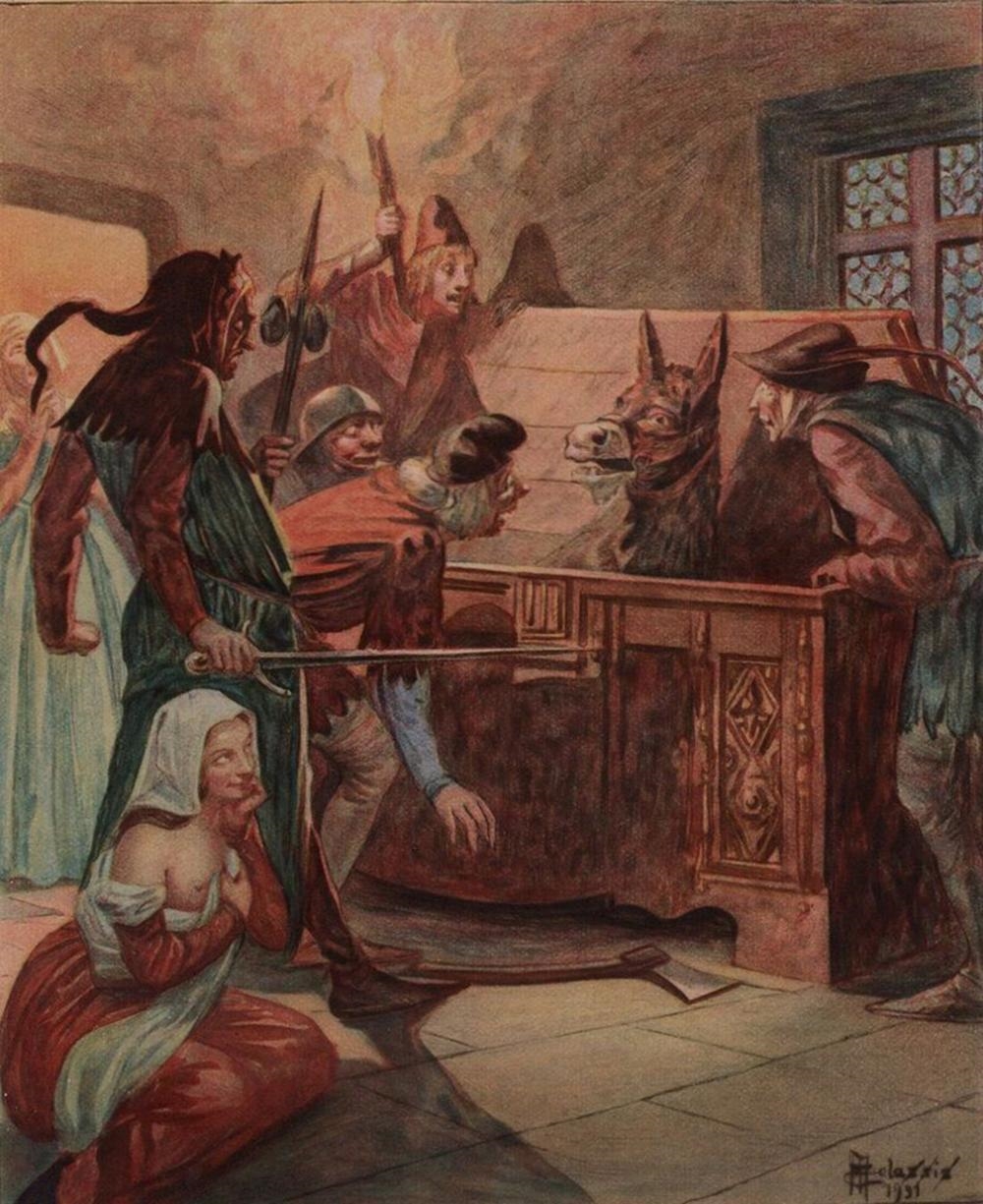 Artwork by Edmond Malassis, The Donkey Show, Made of Vintage Color Engraving On Velin Paper