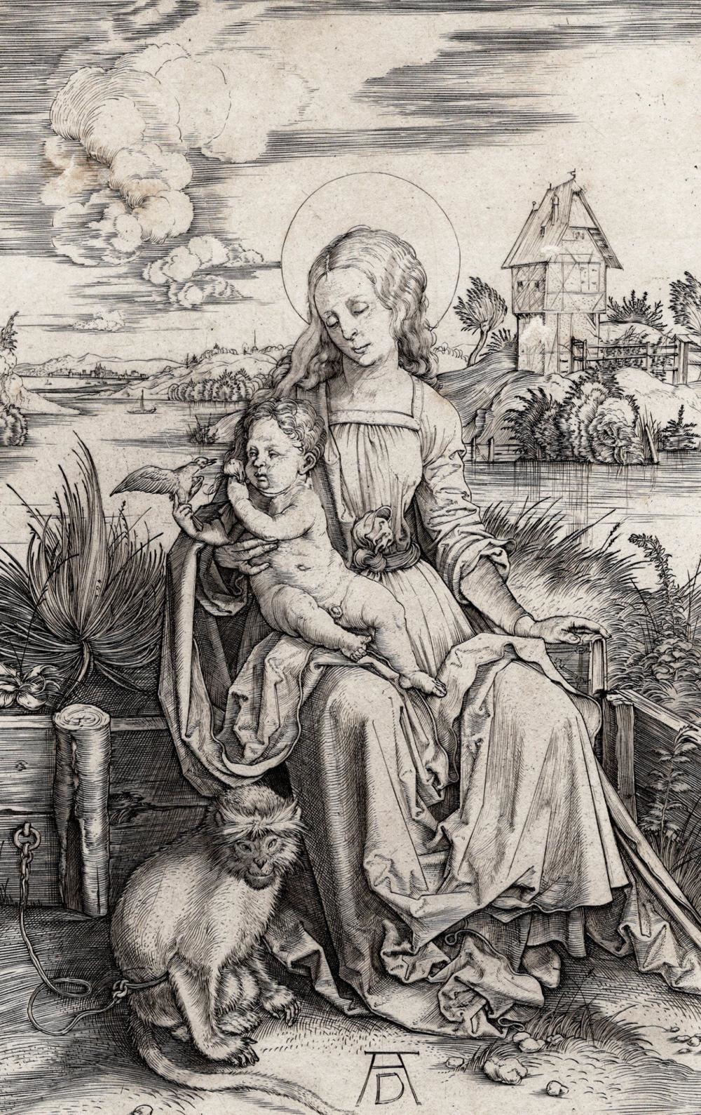 Artwork by Albrecht Dürer, The Virgin and Child with the Monkey, Made of Copper Plate Engraving On Laid Paper