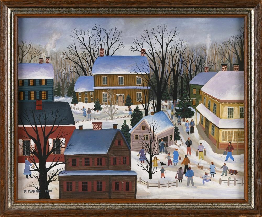 Artwork by Janet Munro, Winter in the Village, Made of Oil On Masonite