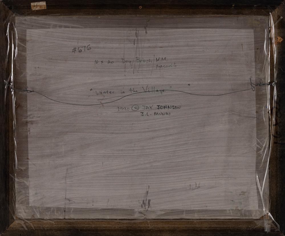 Artwork by Janet Munro, Winter in the Village, Made of Oil On Masonite