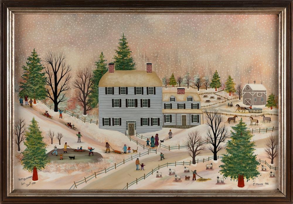 Artwork by Janet Munro, Sledding in the Winter, Made of Oil On Board