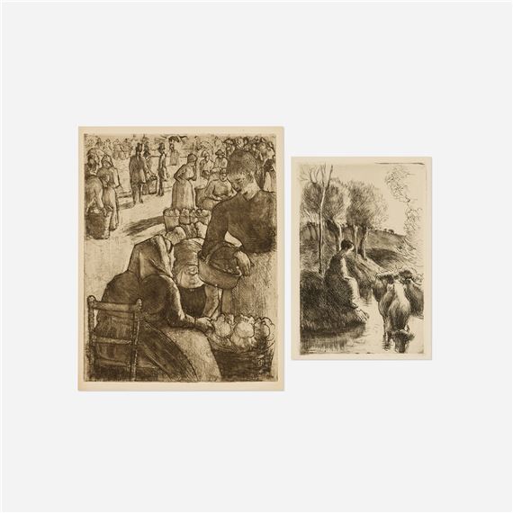 Marché aux légumes à Pontoise; Vachere au bord de l'eau - Camille Pissarro