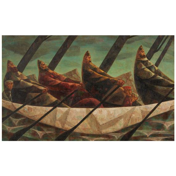 A stylized rowing scene with four figures in a boat against a teal background.