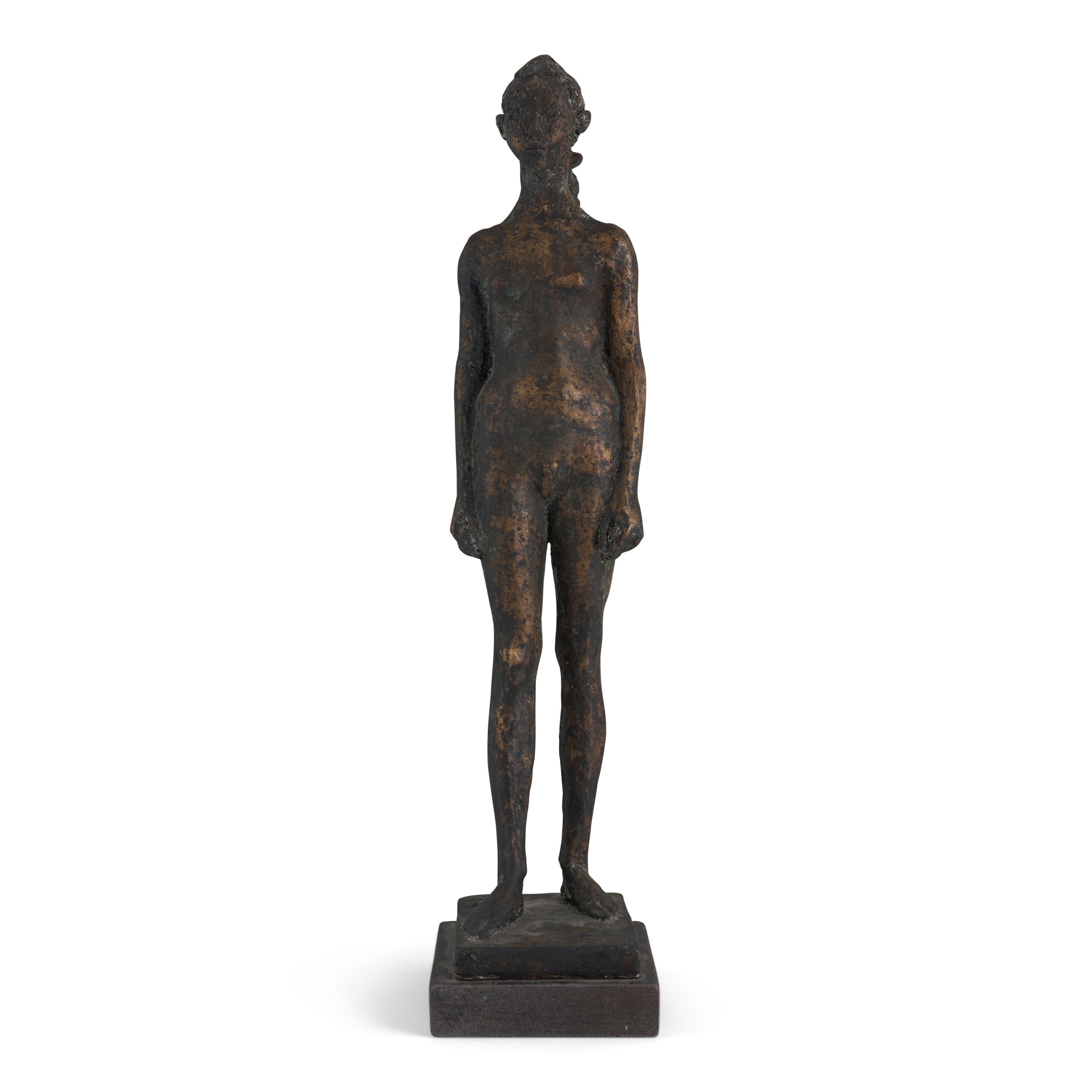 Artwork by Léon Indenbaum, Jeune fille nue, Made of bronze with brown and black patina on a painted wood base