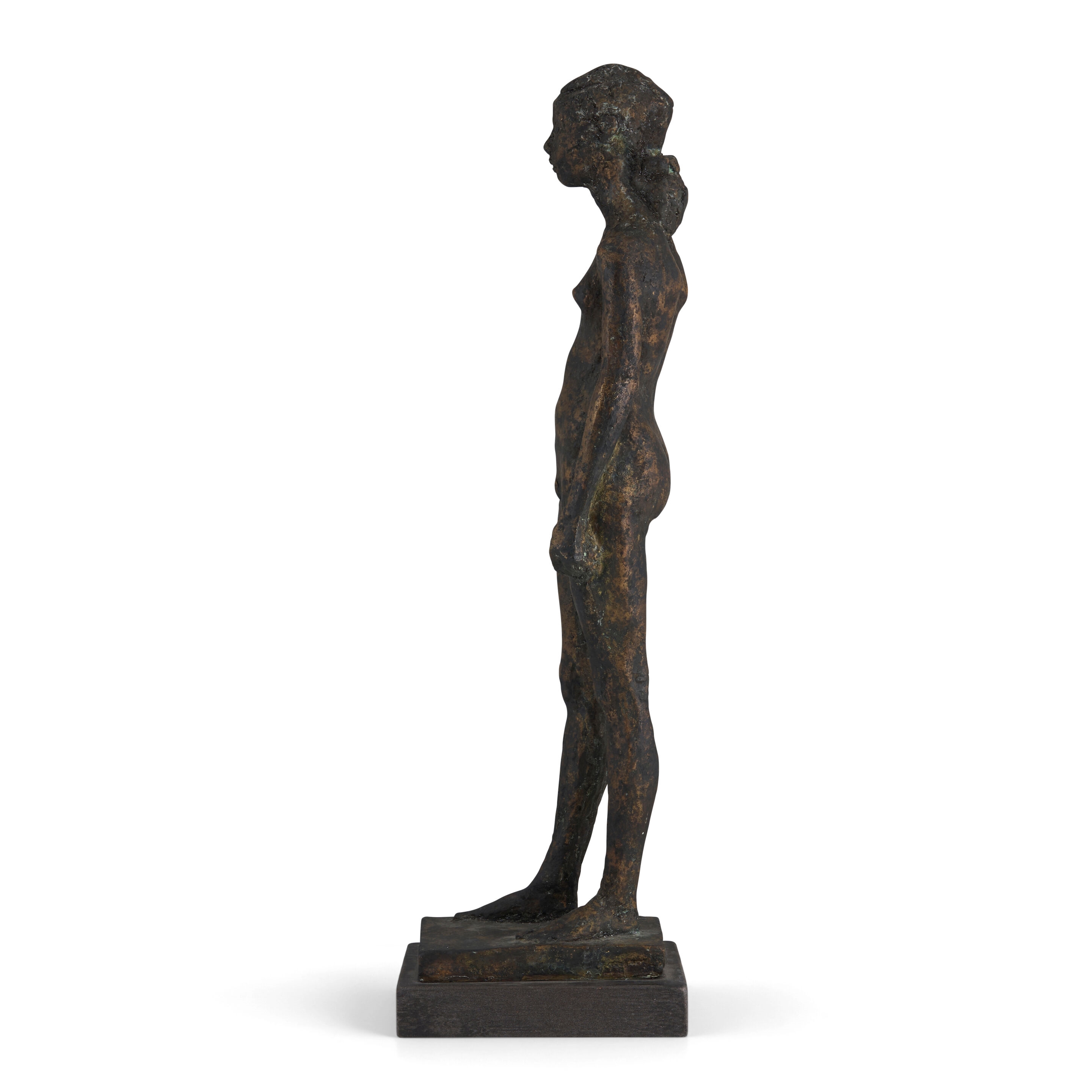 Artwork by Léon Indenbaum, Jeune fille nue, Made of bronze with brown and black patina on a painted wood base