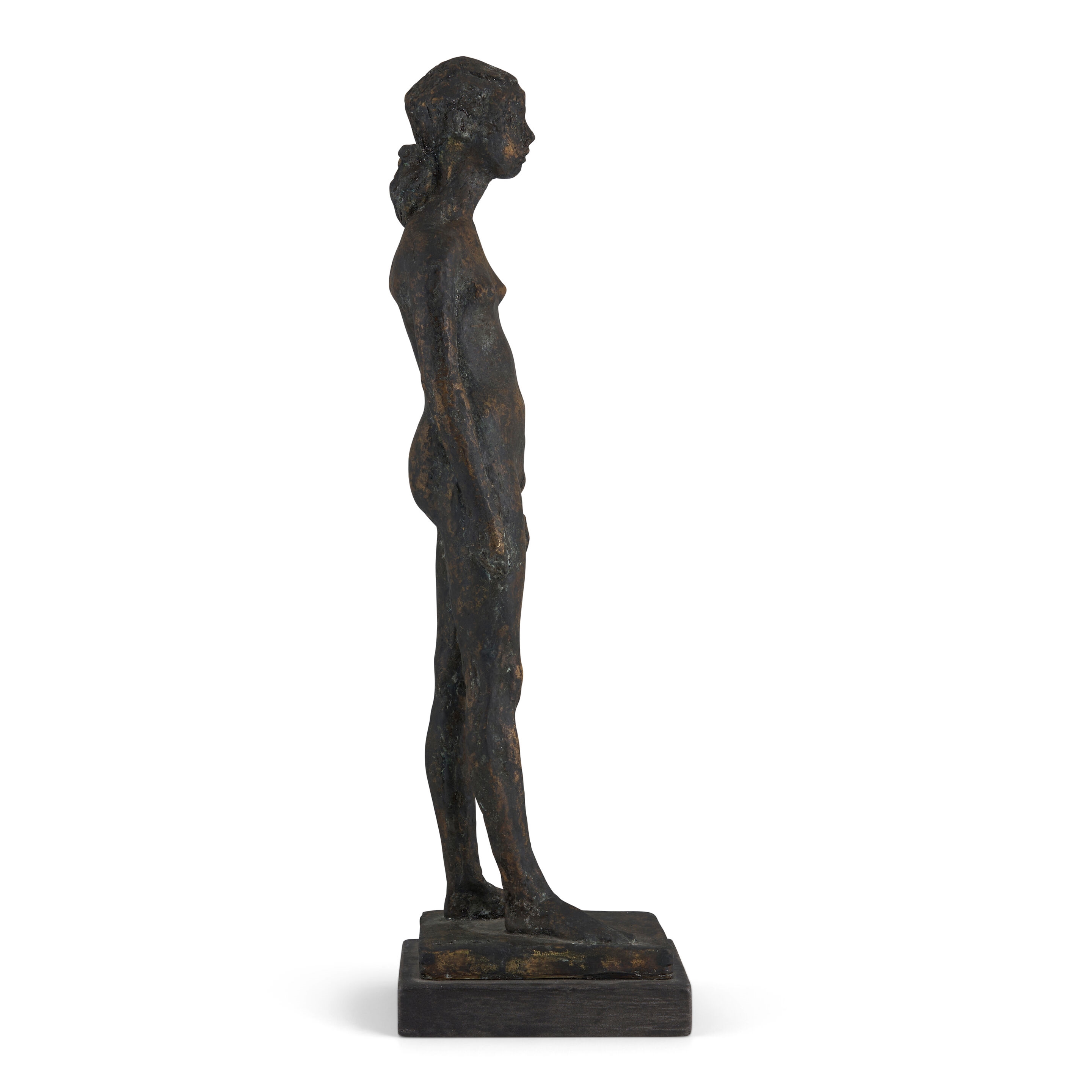 Artwork by Léon Indenbaum, Jeune fille nue, Made of bronze with brown and black patina on a painted wood base