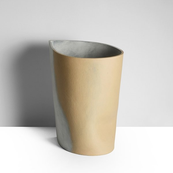 Artwork by Ken Eastman, Tall Pot, Made of Stoneware, Dry White And Orange Over Blue Glazes