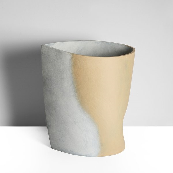 Artwork by Ken Eastman, Tall Pot, Made of Stoneware, Dry White And Orange Over Blue Glazes