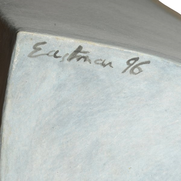 Artwork by Ken Eastman, Tall Pot, Made of Stoneware, Dry White And Orange Over Blue Glazes